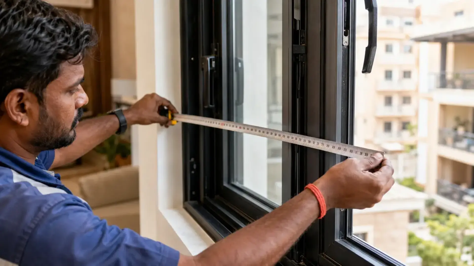 Installer measuring a black aluminium window opening for an accurate quote
