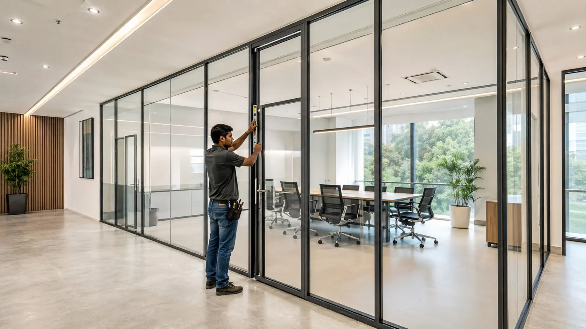 Completed aluminium glass office cabin partition in Jaipur