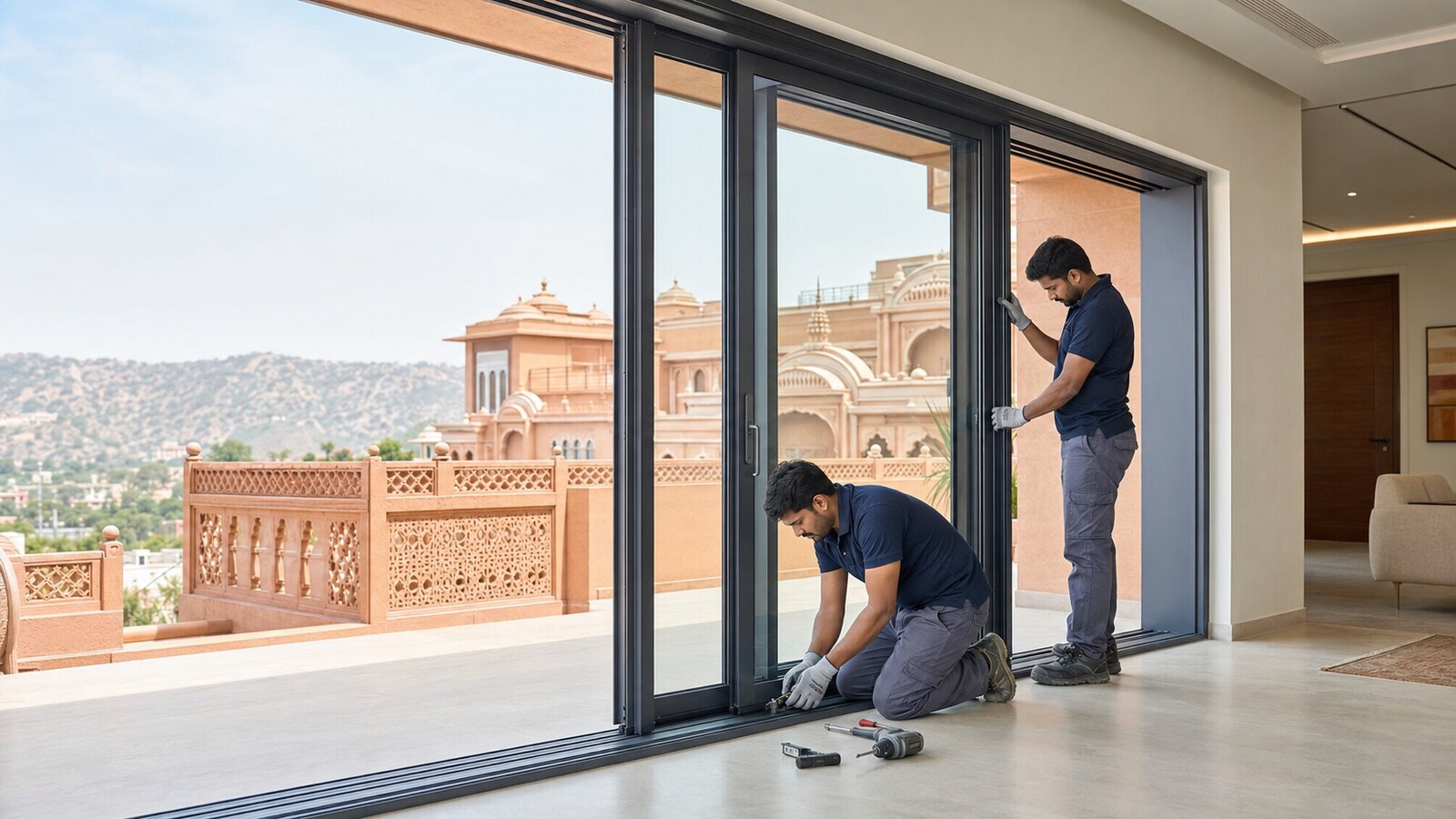 Large aluminium sliding glass door installation in a Jaipur residence