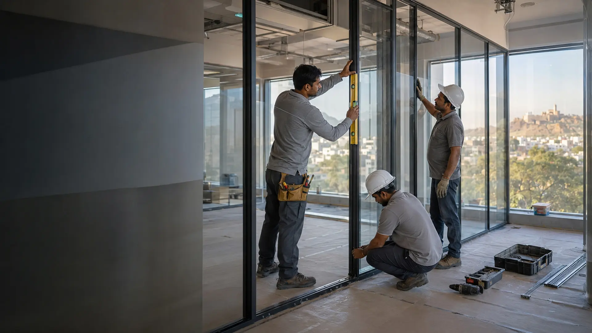 Office partition installation with aluminium framing