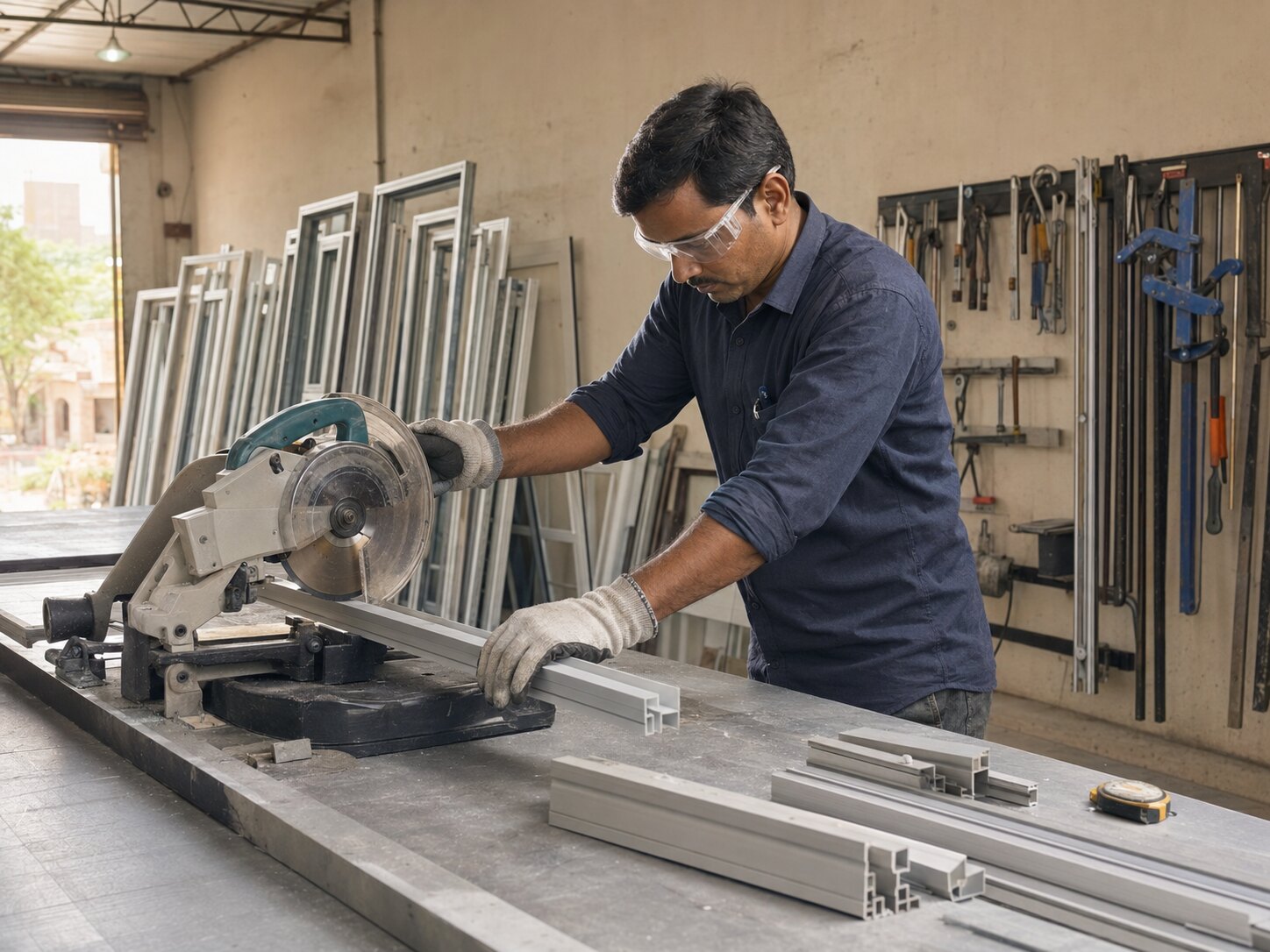 Technician measuring an aluminium profile for door and window repair